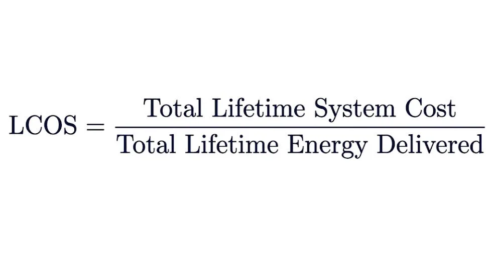 LCOS formula: total lifetime system cost divided by total lifetime energy delivered