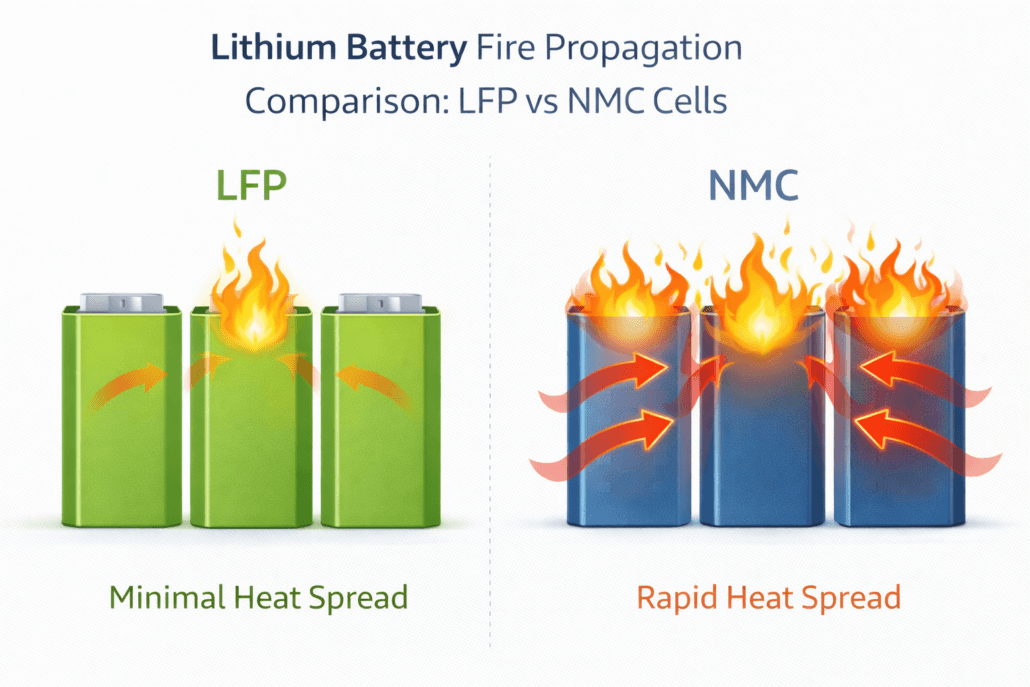 lfp-vs-nmc-fire-propagation - SunLith Energy battery fire propagation comparison NMC Battery vs LFP Safety