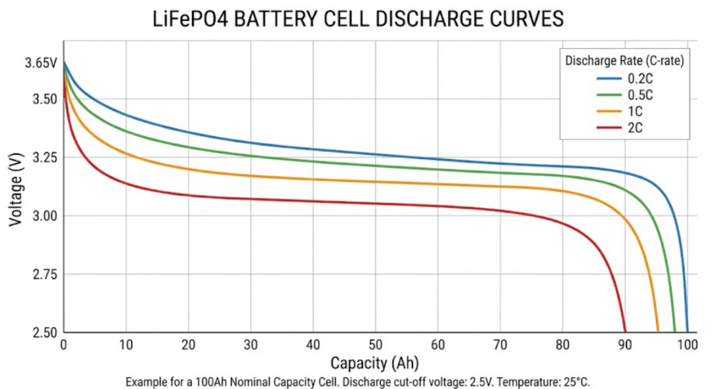 lifepo4-battery-discharge-curve-chart - SunLith Energy LiFePO4 battery discharge curve chart at multiple C-rates from spec sheet