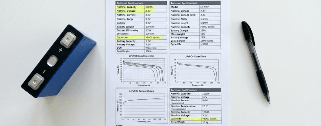  SunLith Energy LiFePO4 battery spec sheet with key sections highlighted for buyers