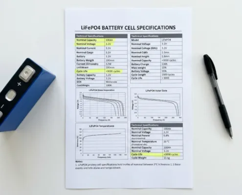 SunLith Energy LiFePO4 battery spec sheet with key sections highlighted for buyers