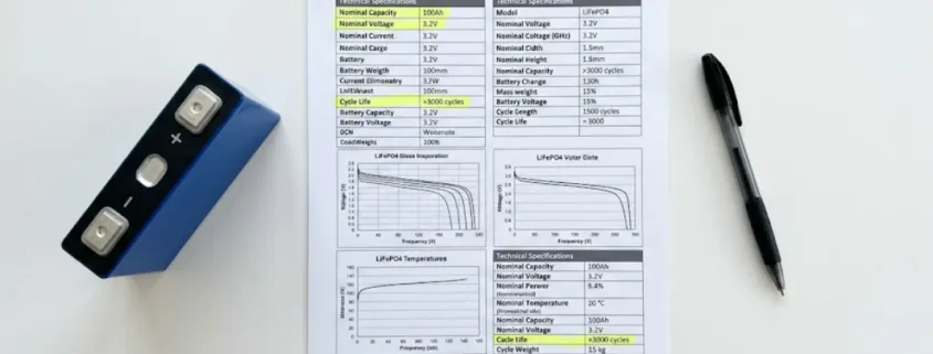 LiFePO4 battery spec sheet with key sections highlighted for buyers