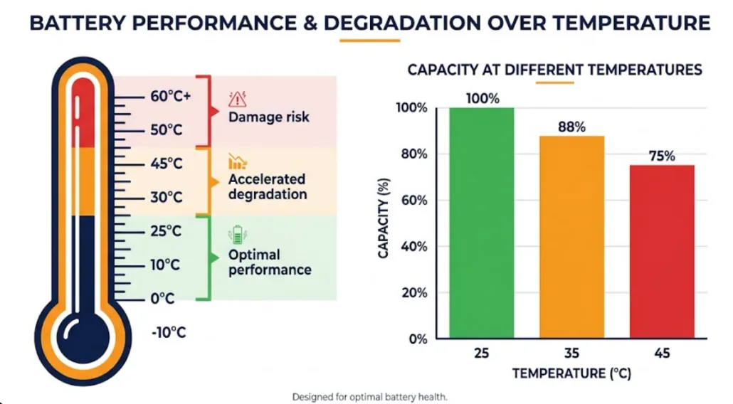LiFePO4 battery spec sheet temperature range vs real-world capacity performance