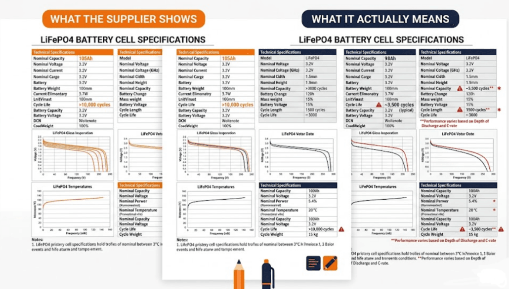 lifepo4-spec-sheet-claims-vs-reality - SunLith Energy SunLith Energy comparison of LiFePO4 battery spec sheet claims versus real-world performance