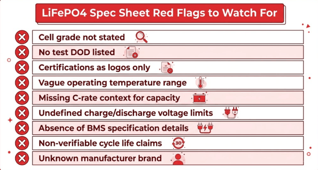 lifepo4-spec-sheet-red-flags-checklist - SunLith Energy LiFePO4 battery spec sheet red flags checklist for BESS buyers