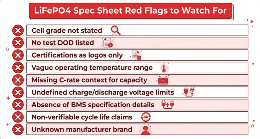 LiFePO4 battery spec sheet red flags checklist for BESS buyers