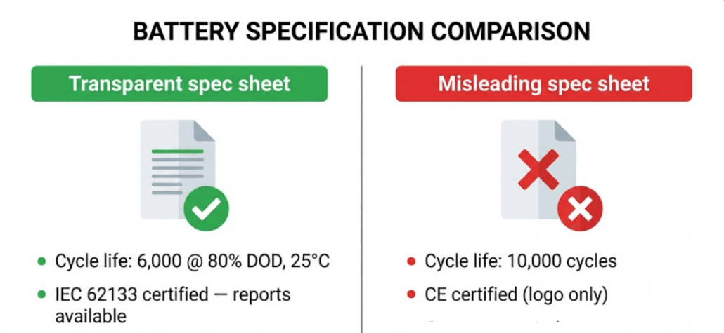 lifepo4-spec-sheet-transparent-vs-misleading - SunLith Energy transparent versus misleading LiFePO4 battery spec sheet comparison for buyers