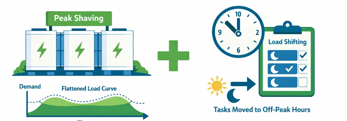 Peak Shaving and Load Shifting Combined Energy Strategy for Commercial Facilities - SunLith Energy SunLith Energy peak shaving and load shifting combined strategy diagram for commercial and industrial energy cost reduction