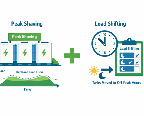 Peak Shaving and Load Shifting Combined Energy Strategy for Commercial Facilities - SunLith Energy SunLith Energy peak shaving and load shifting combined strategy diagram for commercial and industrial energy cost reduction