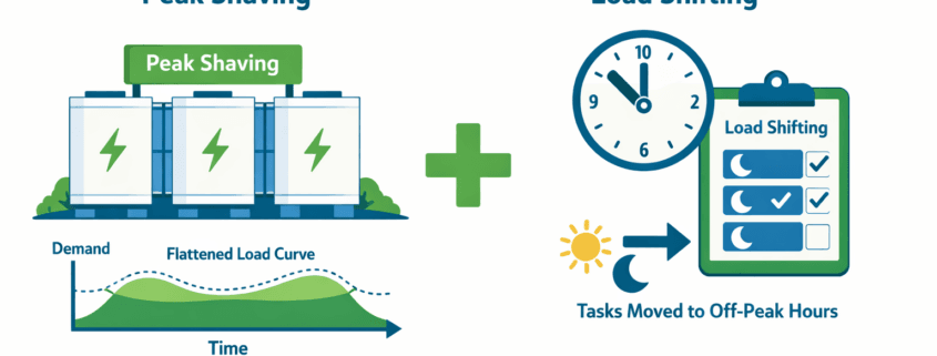 Peak Shaving and Load Shifting Combined Energy Strategy for Commercial Facilities - SunLith Energy SunLith Energy peak shaving and load shifting combined strategy diagram for commercial and industrial energy cost reduction