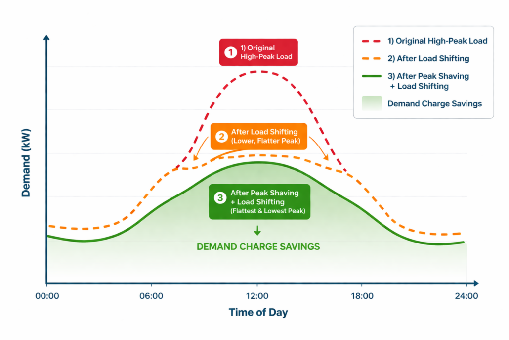 Combined Peak Shaving and Load Shifting Load Curve Showing Maximum Bill Savings - SunLith Energy load curve diagram showing peak shaving and load shifting combined strategy reducing electricity demand charges