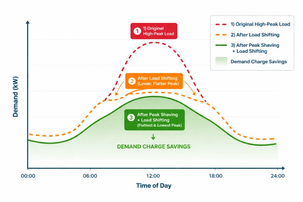 Combined Peak Shaving and Load Shifting Load Curve Showing Maximum Bill Savings - SunLith Energy SunLith Energy load curve diagram showing peak shaving and load shifting combined strategy reducing electricity demand charges