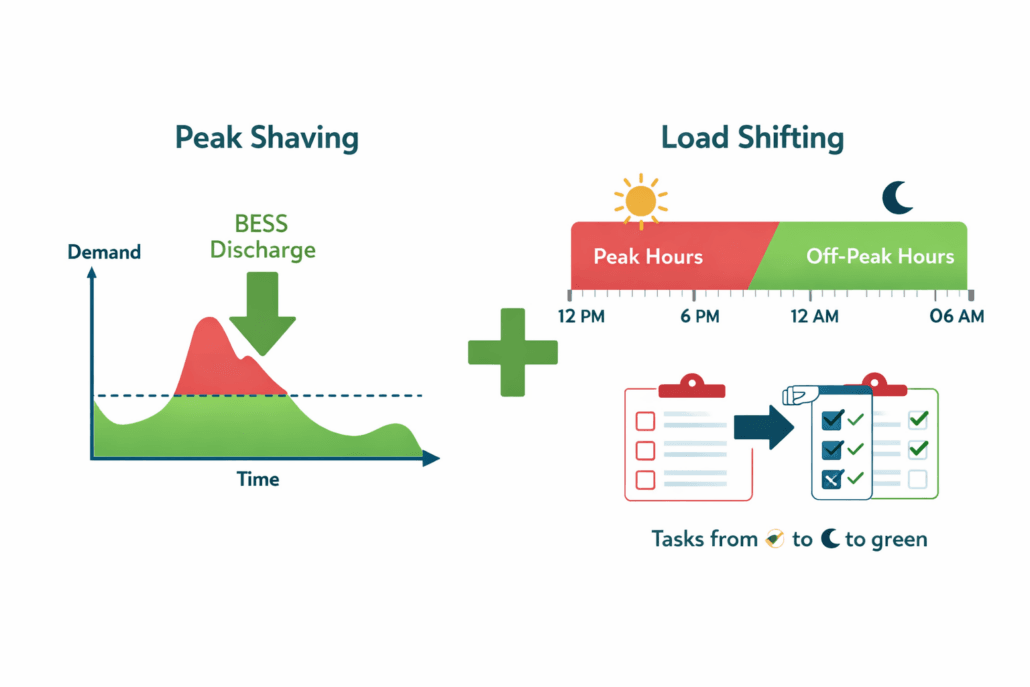 Peak Shaving vs Load Shifting — How Each Reduces Electricity Costs Differently - SunLith Energy diagram comparing peak shaving vs load shifting showing how each strategy reduces electricity costs differently