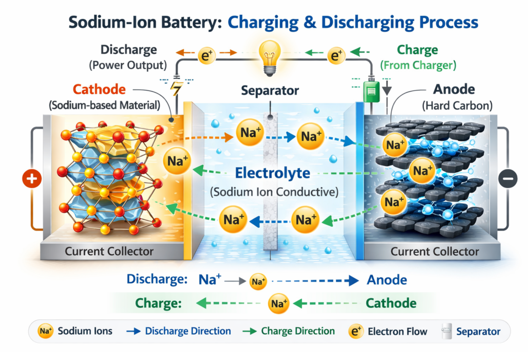 sodium ion battery charging and discharging process diagram