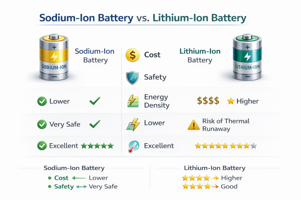 sodium ion vs lithium ion battery comparison infographic