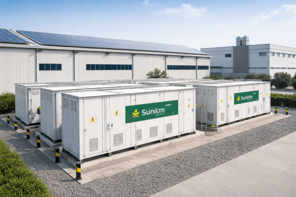 Sunlith Energy C&I Battery Storage System for Demand Charge Reduction in India - SunLith Energy Sunlith Energy commercial battery storage system installed at Indian industrial facility to reduce demand charges