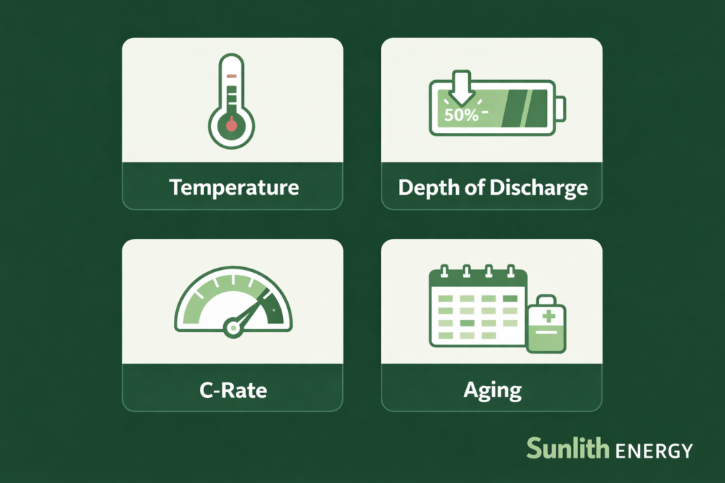 Battery capacity reducing factors Ah vs Wh temperature DoD C-rate aging