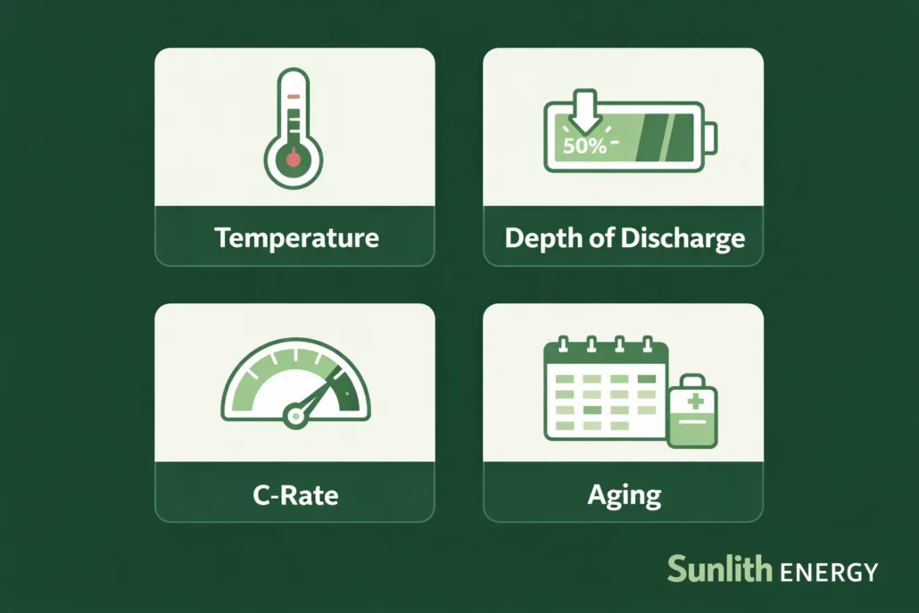 Battery capacity reducing factors Ah vs Wh temperature DoD C-rate aging