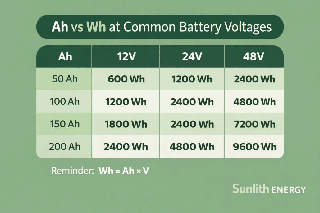 Ah to Wh conversion chart 12V 24V 48V battery sizing table solar BESS