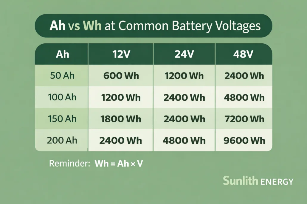  Ah to Wh conversion chart 12V 24V 48V battery sizing table solar BESS