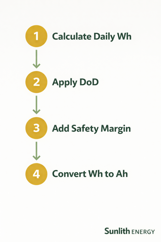 Battery sizing steps Ah vs Wh formula solar BESS system flowchart guide