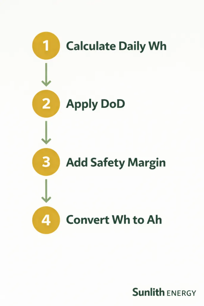 Battery sizing steps Ah vs Wh formula solar BESS system flowchart guide