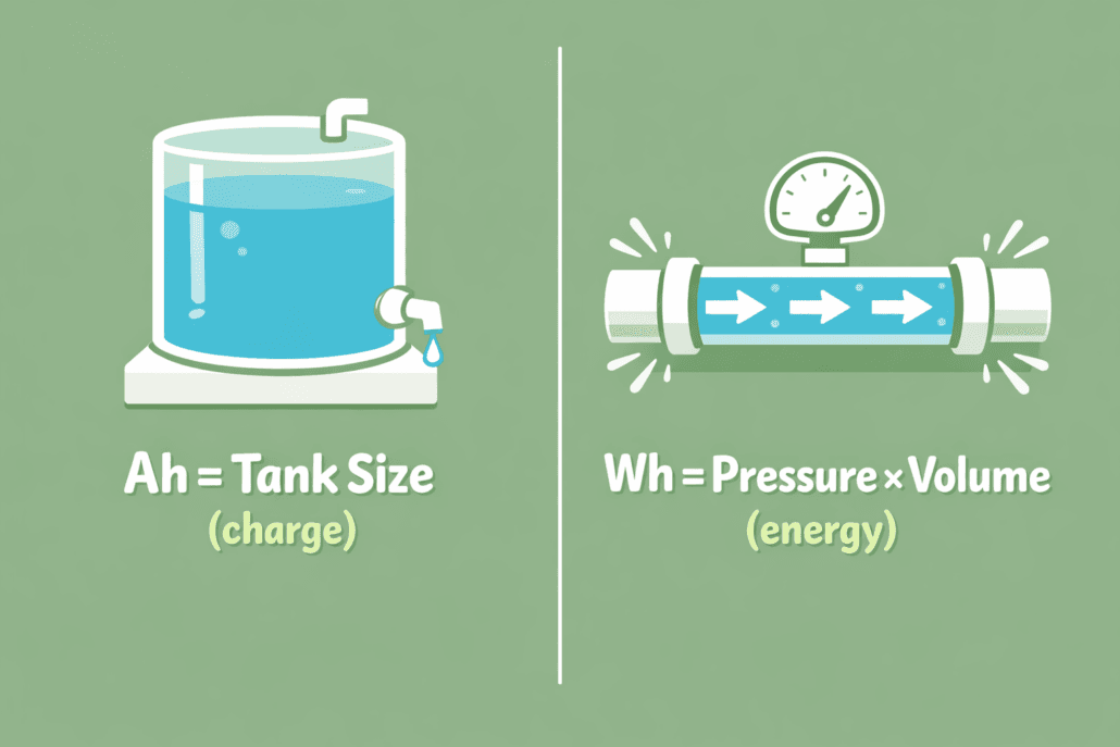 Ah vs Wh water tank analogy showing charge versus energy in battery capacity