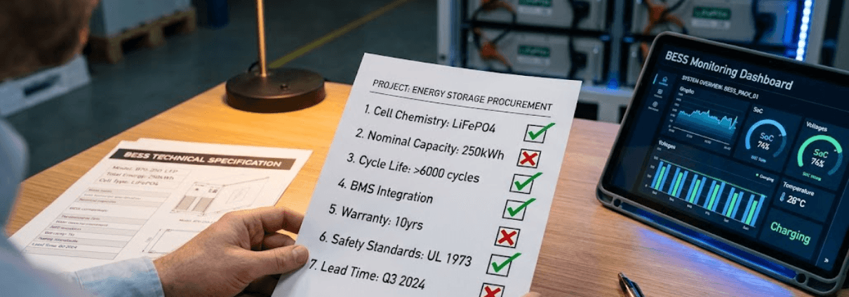  SunLith Energy Tech Person holding a BESS supplier BMS evaluation checklist with red flags and green flags, technical spec sheet visible on desk — Sunlith Energy procurement guide
