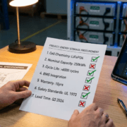  SunLith Energy Tech Person holding a BESS supplier BMS evaluation checklist with red flags and green flags, technical spec sheet visible on desk — Sunlith Energy procurement guide