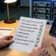 SunLith Energy Tech Person holding a BESS supplier BMS evaluation checklist with red flags and green flags, technical spec sheet visible on desk — Sunlith Energy procurement guide