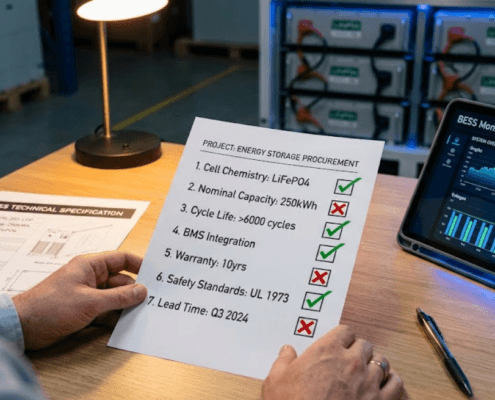  SunLith Energy Tech Person holding a BESS supplier BMS evaluation checklist with red flags and green flags, technical spec sheet visible on desk — Sunlith Energy procurement guide
