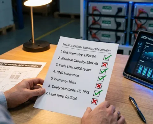 BESS Supplier BMS Evaluation Guide — Sunlith Energy - SunLith Energy SunLith Energy Tech Person holding a BESS supplier BMS evaluation checklist with red flags and green flags, technical spec sheet visible on desk — Sunlith Energy procurement guide