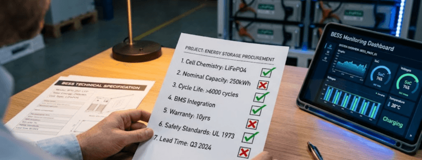 Tech Person holding a BESS supplier BMS evaluation checklist with red flags and green flags, technical spec sheet visible on desk — Sunlith Energy procurement guide