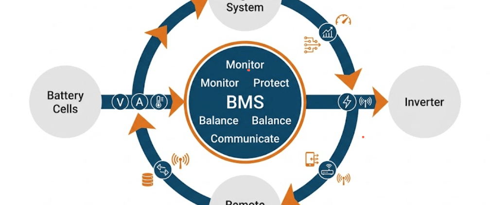  SunLith Energy Diagram showing battery management system core functions: monitoring, protection, balancing, and communication in a BESS