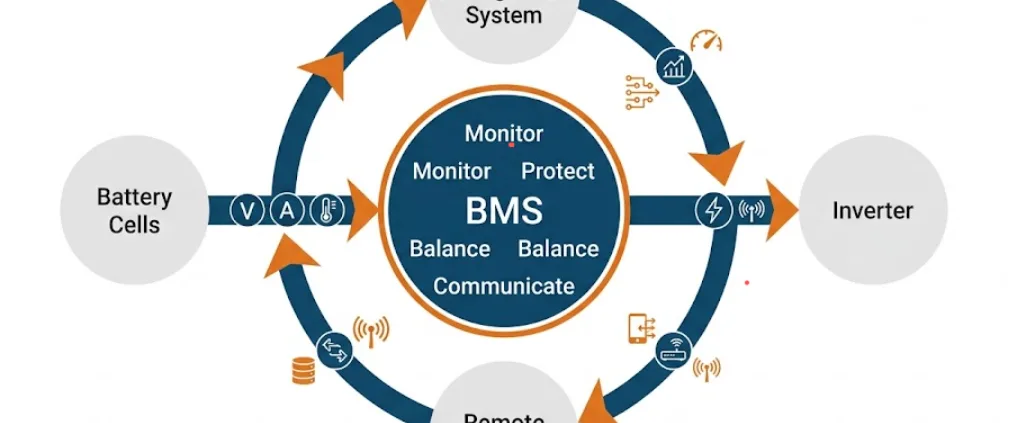 bms-battery-management-system - SunLith Energy SunLith Energy Diagram showing battery management system core functions: monitoring, protection, balancing, and communication in a BESS