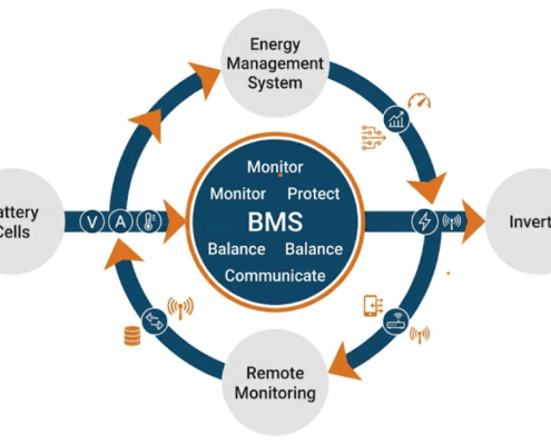 SunLith Energy Diagram showing battery management system core functions: monitoring, protection, balancing, and communication in a BESS