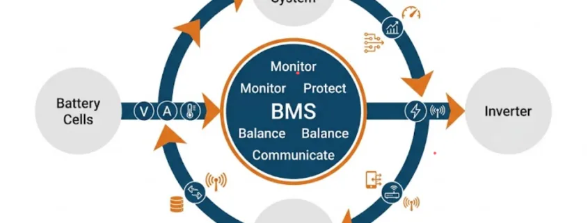 Diagram showing battery management system core functions: monitoring, protection, balancing, and communication in a BESS