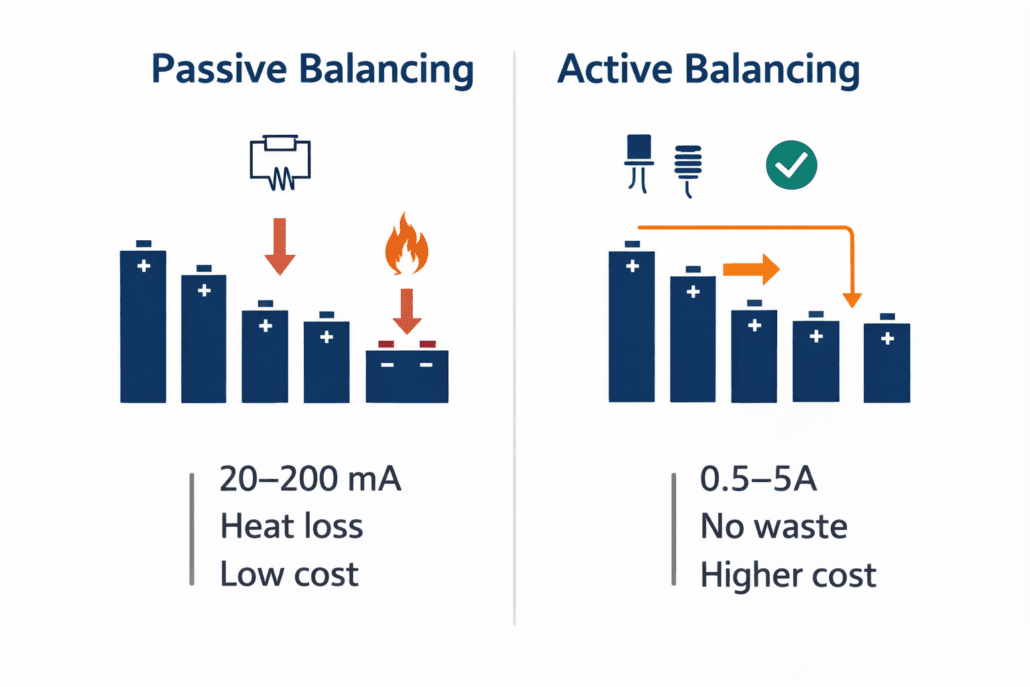 Diagram comparing passive and active cell balancing methods in a battery management system for BESS