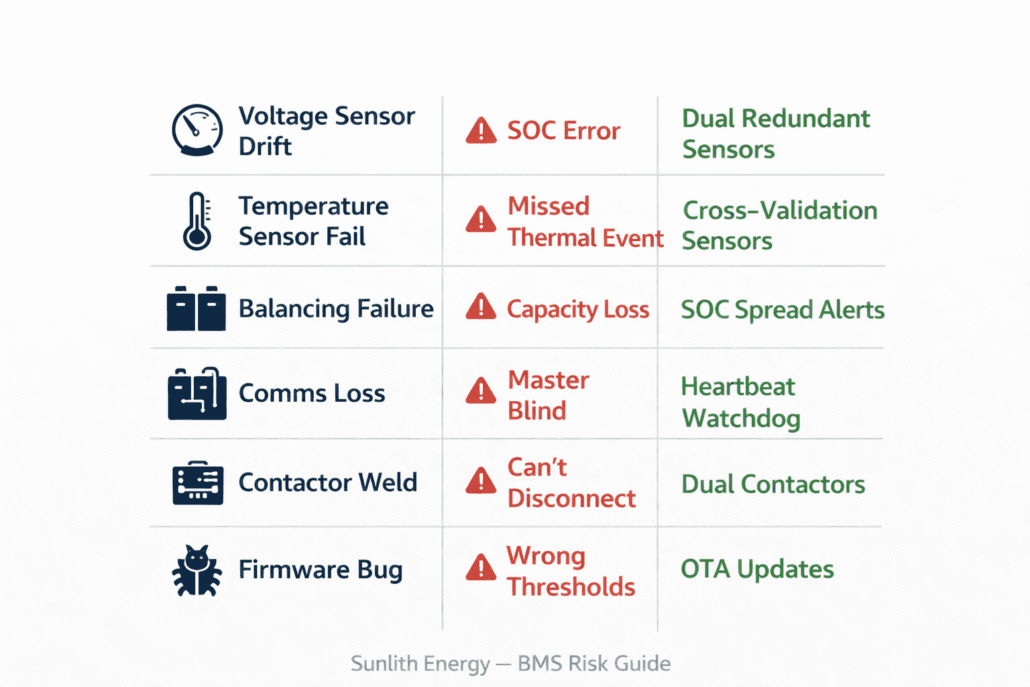 Table showing battery management system failure modes, consequences, and prevention strategies for BESS