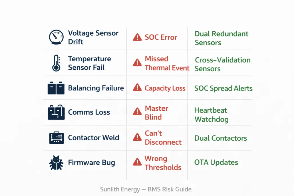 Table showing battery management system failure modes, consequences, and prevention strategies for BESS