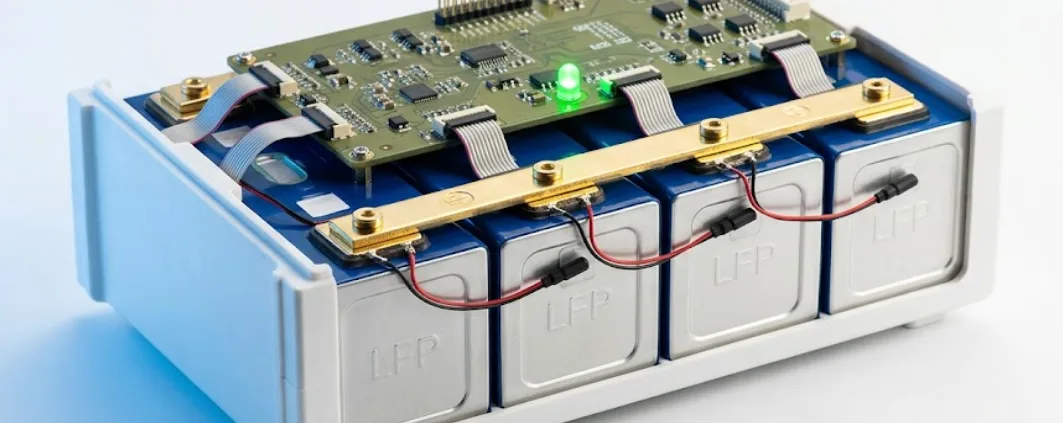 bms-for-lifepo4-batteries-feature-sunlith - SunLith Energy SunLith Energy LiFePO4 prismatic battery module with BMS circuit board mounted above the cells, showing temperature sensors and busbar connections — BMS for LiFePO4 batteries guide by Sunlith Energy