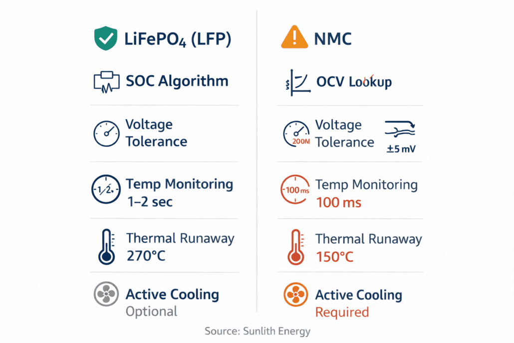 Comparison chart showing battery management system requirements for LiFePO4 vs NMC battery chemistry in BESS