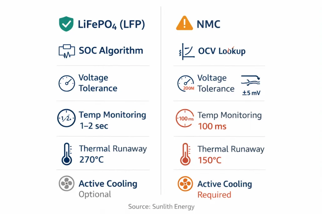 Comparison chart showing battery management system requirements for LiFePO4 vs NMC battery chemistry in BESS
