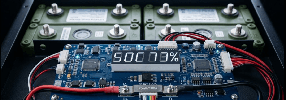  SunLith Energy BMS circuit board displaying SOC percentage — illustrating how battery management system SOC estimation works in a LiFePO4 BESS