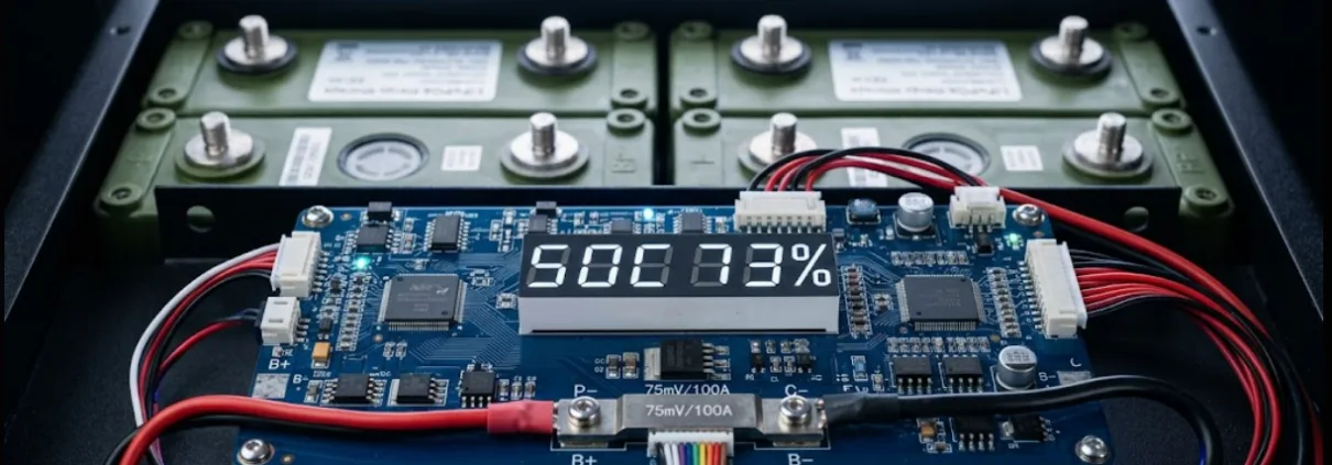 bms-soc-estimation-feature-sunlith - SunLith Energy SunLith Energy BMS circuit board displaying SOC percentage — illustrating how battery management system SOC estimation works in a LiFePO4 BESS