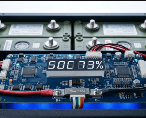  SunLith Energy BMS circuit board displaying SOC percentage — illustrating how battery management system SOC estimation works in a LiFePO4 BESS