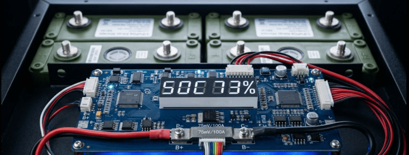  SunLith Energy BMS circuit board displaying SOC percentage — illustrating how battery management system SOC estimation works in a LiFePO4 BESS