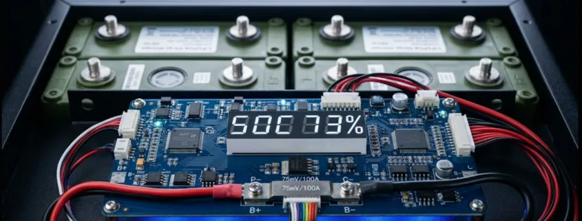BMS circuit board displaying SOC percentage — illustrating how battery management system SOC estimation works in a LiFePO4 BESS