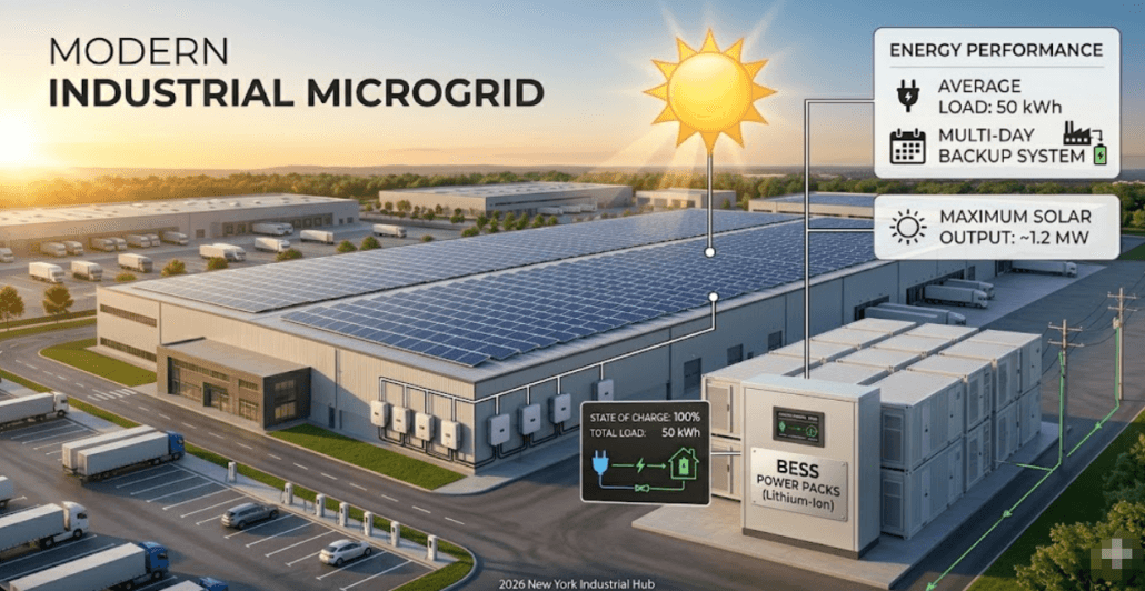 Commercial battery energy storage system with solar panels