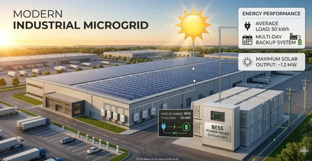 Commercial battery energy storage system with solar panels